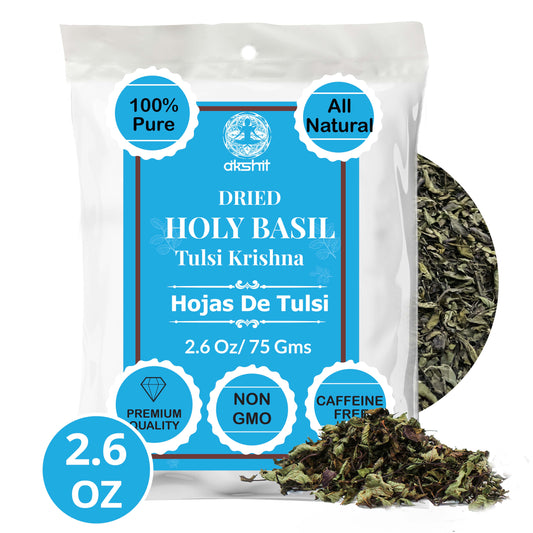 Akshit Holy Basil Leaves ,Naturally Dried Leaves, 100% Pure Holy Basil (Tulsi) Tea , No Caffeine, No Additives, Vegan - 2.6oz