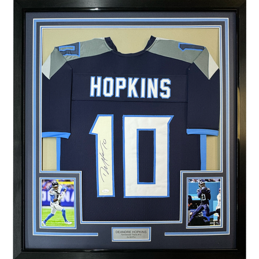 Framed Autographed/Signed DeAndre Hopkins 35x39 Tennessee Dark Blue Football Jersey JSA COA