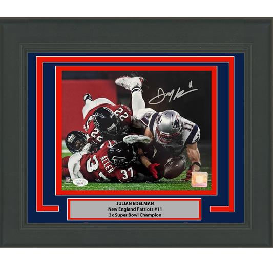 Framed Autographed/Signed Julian Edelman New England Patriots 8x10 Football Photo JSA COA