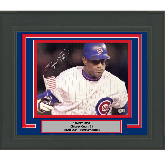 Framed Autographed/Signed Sammy Sosa USA Flag Chicago Cubs 11x14 Baseball Photo Beckett BAS COA