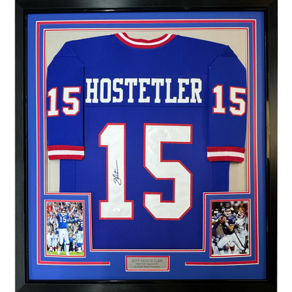 Framed Autographed/Signed Jeff Hostetler 35x39 New York Blue Football Jersey JSA COA