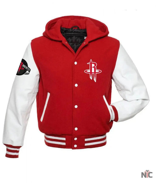 Houston Rockets NBA Varsity Red and White Hooded Jackets