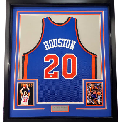 Framed Autographed/Signed Allan Houston 35x39 New York Blue Basketball Jersey PSA/DNA COA
