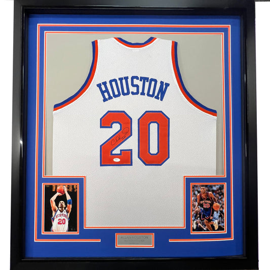 Framed Autographed/Signed Allan Houston 35x39 New York White Basketball Jersey PSA/DNA COA