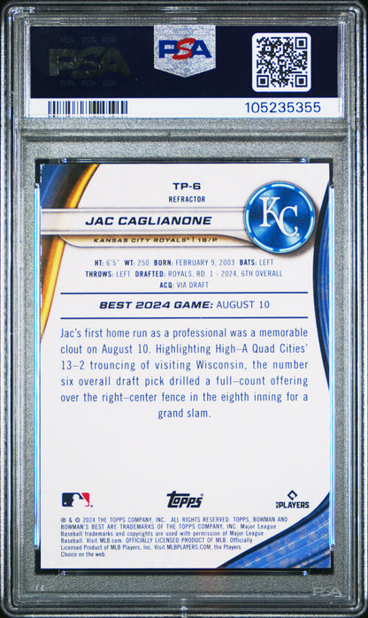Graded 2024 Topps Bowmans Best Jac Caglianone #TP6 Top Prospects Refractor Rookie RC Baseball Card PSA 10 Gem Mint
