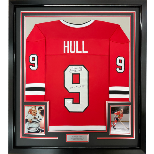 Framed Autographed/Signed Bobby Hull HOF 1983 35x39 Chicago Red Hockey Jersey JSA COA