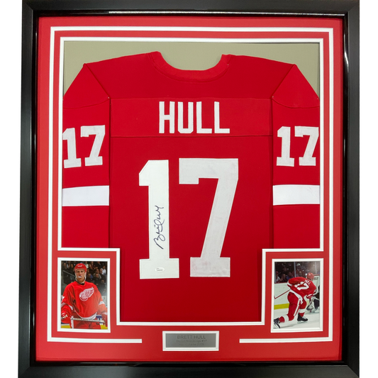 Framed Autographed/Signed Brett Hull 35x39 Detroit Red Hockey Jersey JSA COA