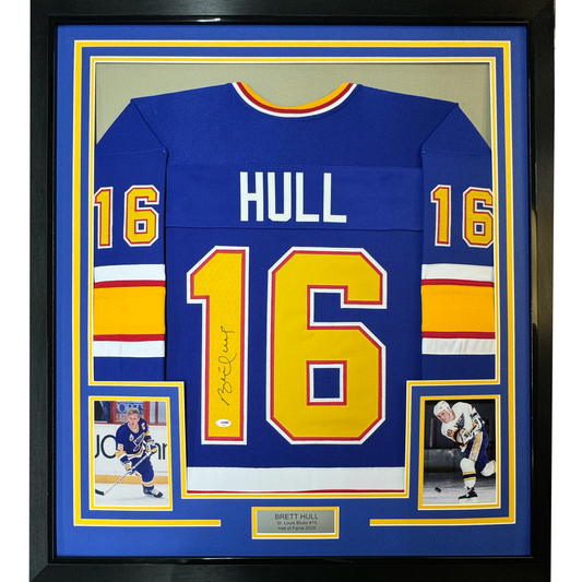 Framed Autographed/Signed Brett Hull 35x39 St. Louis Retro Blue Hockey Jersey PSA/DNA COA
