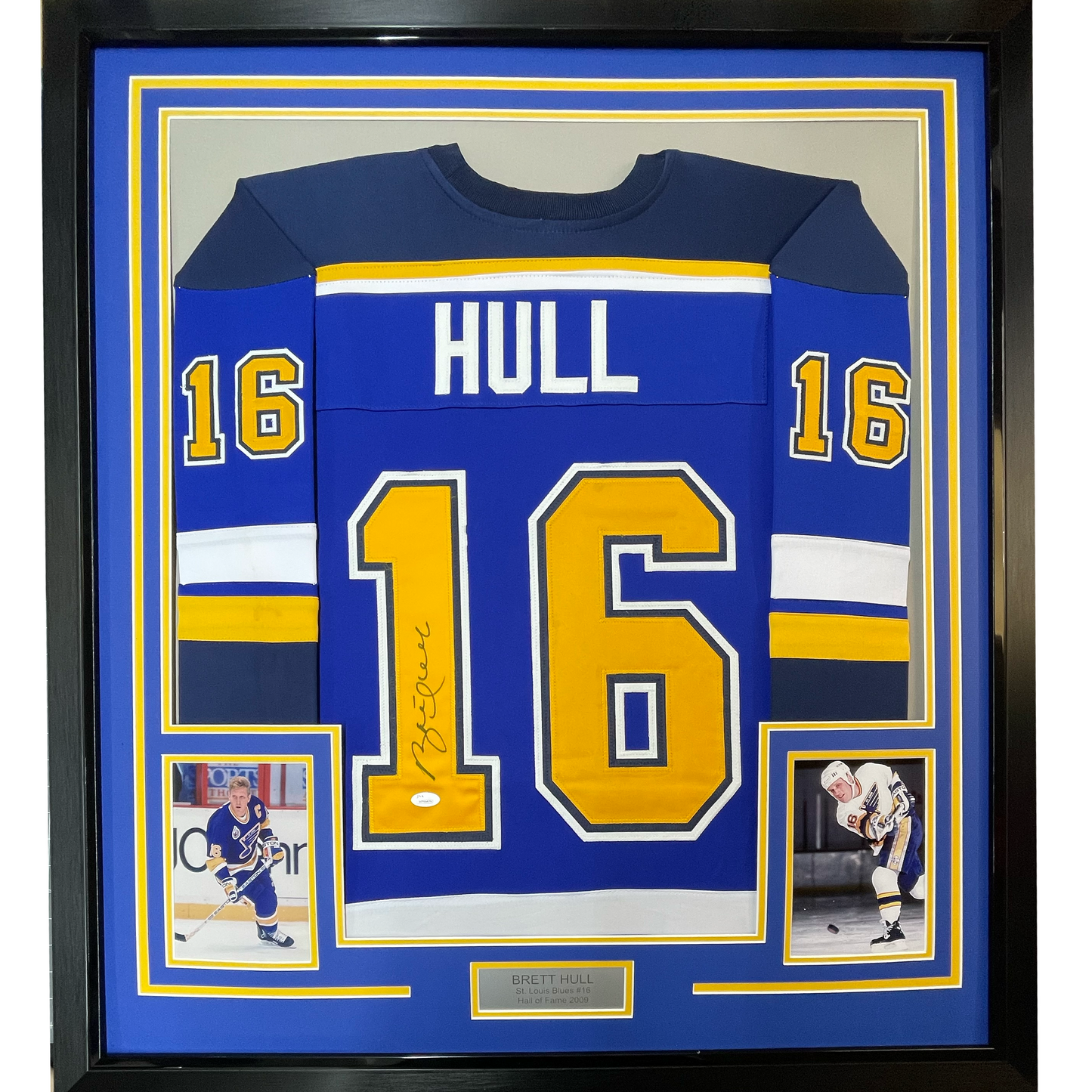 Framed Autographed/Signed Brett Hull 35x39 St. Louis Blue Yellow Numbers Hockey Jersey JSA COA