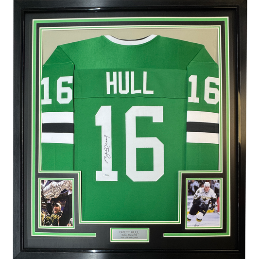 Framed Autographed/Signed Brett Hull 35x39 Dallas Green Hockey Jersey Beckett BAS COA