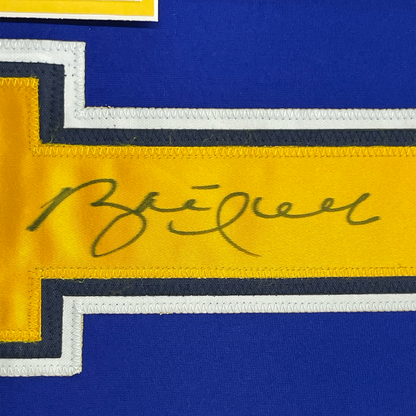 Framed Autographed/Signed Brett Hull 35x39 St. Louis Blue Yellow Numbers Hockey Jersey JSA COA