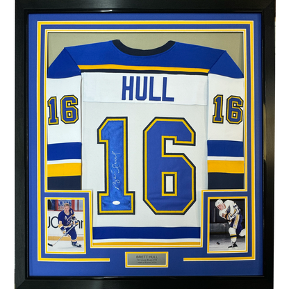 Framed Autographed/Signed Brett Hull 35x39 St. Louis White Hockey Jersey JSA COA