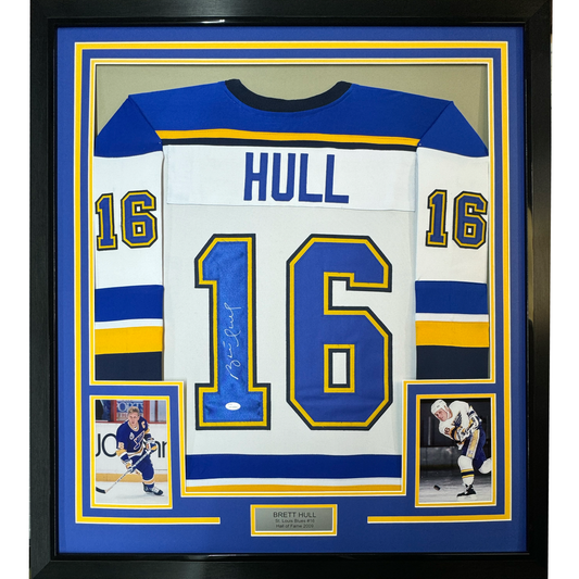 Framed Autographed/Signed Brett Hull 35x39 St. Louis White Hockey Jersey JSA COA