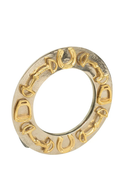 Huntley Equestrian Decorative Round Mirror with Horse shoes, Stirrups, and Bits, Gold