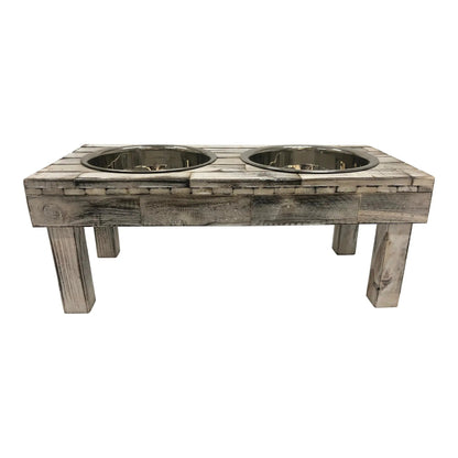 Huntley Pet Berjen Table Elevated Double Bowl Pet Feeder, White Wash