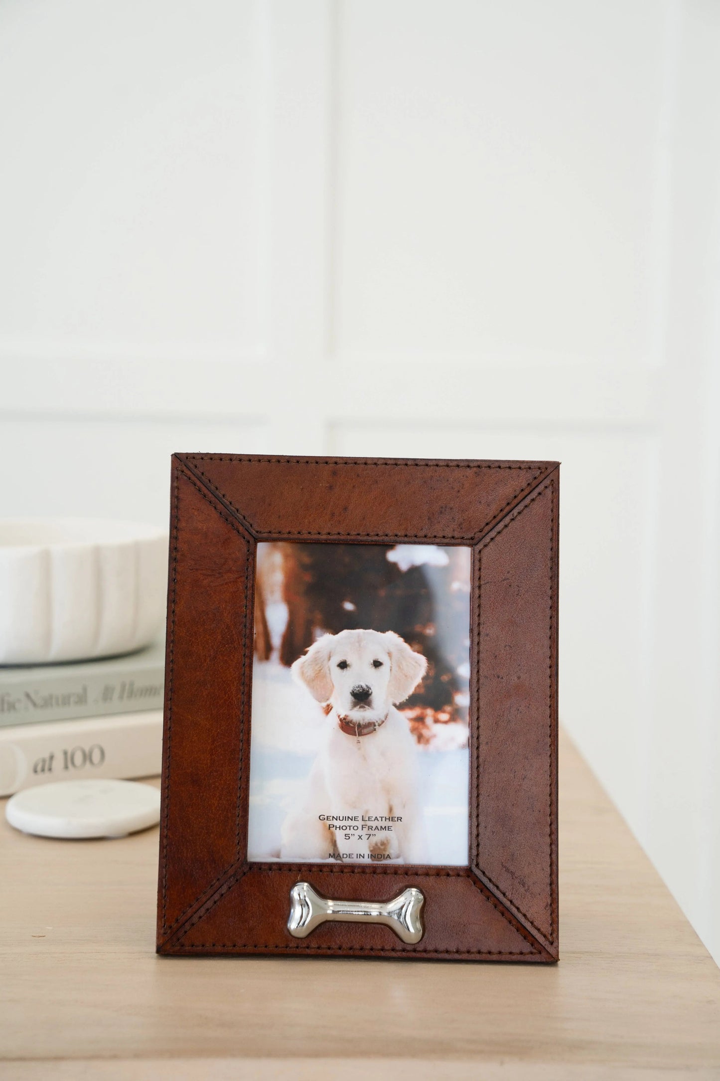 Huntley Pet Leather Picture Frame with Silver Bone Accent