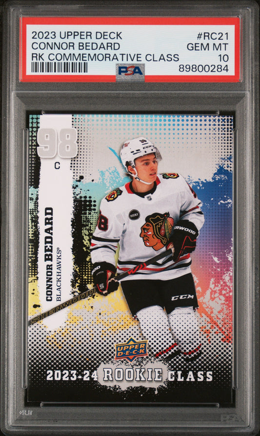 Graded 2023 Upper Deck Connor Bedard #RC21 Rookie Commemorative Class Rookie RC Hockey Card PSA 10 Gem Mint