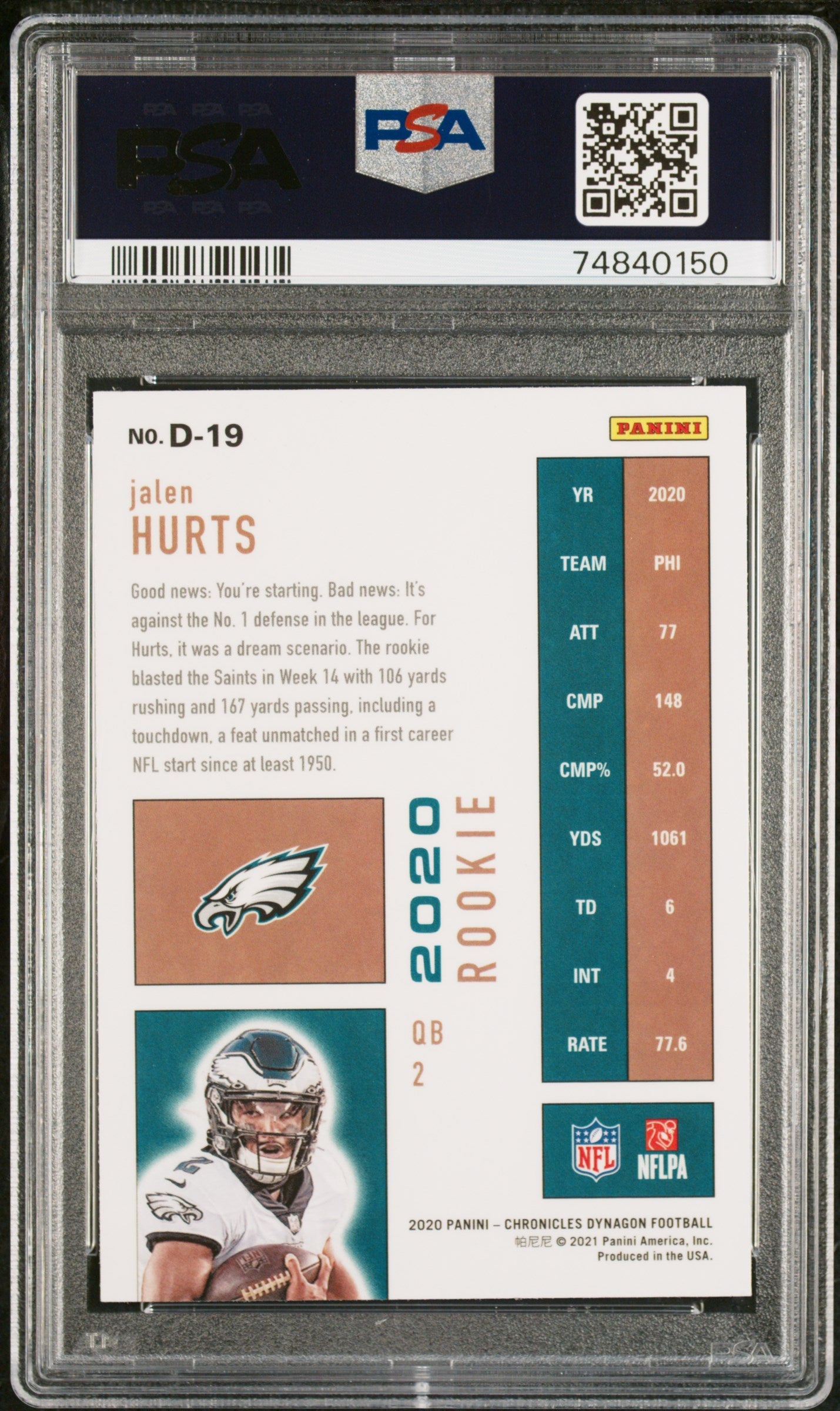 Graded 2020 Panini Chronicles Jalen Hurts #D19 Dynagon Rookies Rookie RC Football Card PSA 10 Gem Mint