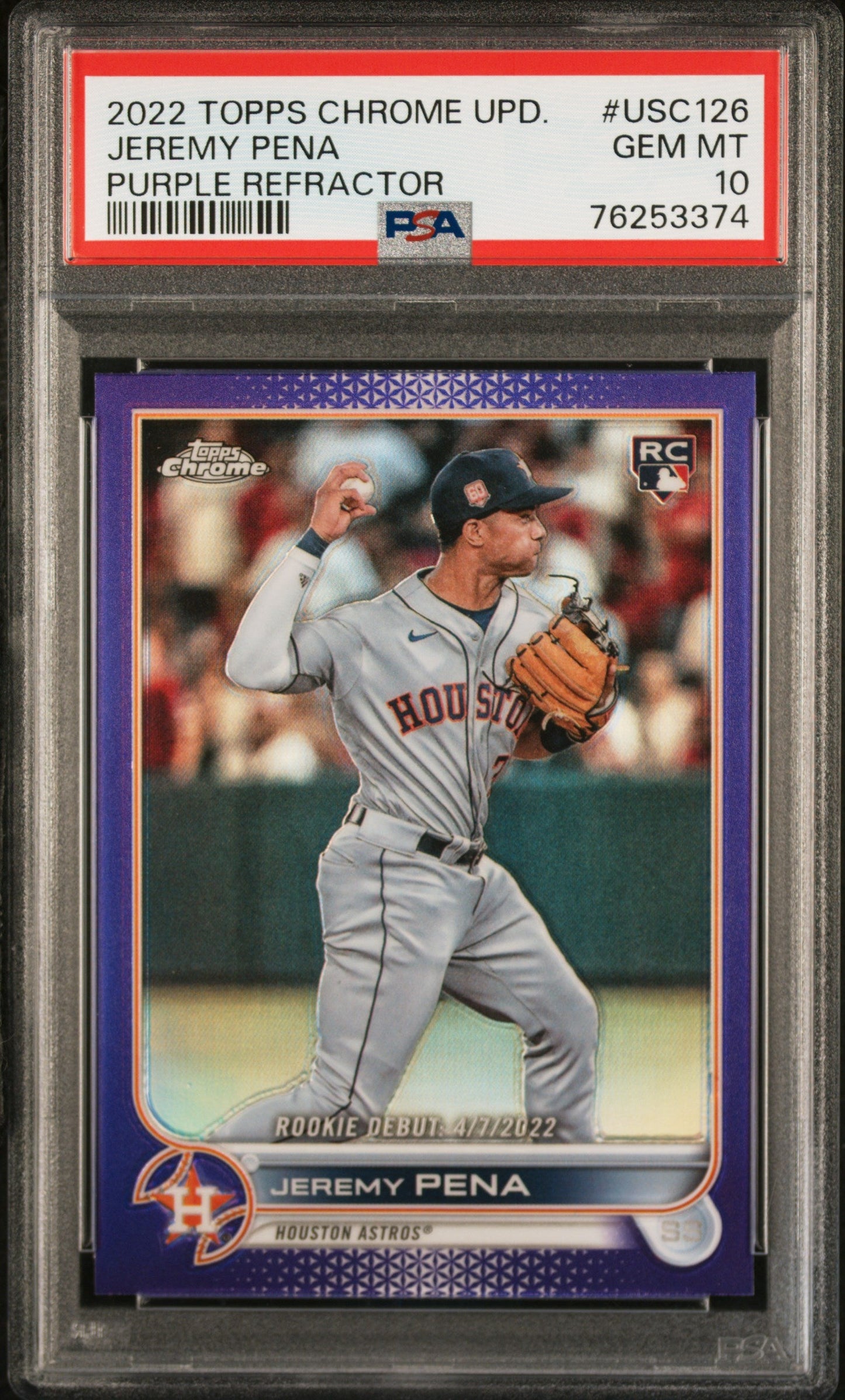 Graded 2022 Topps Chrome Update Jeremy Pena #USC126 Purple Refractor Rookie RC Baseball Card PSA 10 Gem Mint