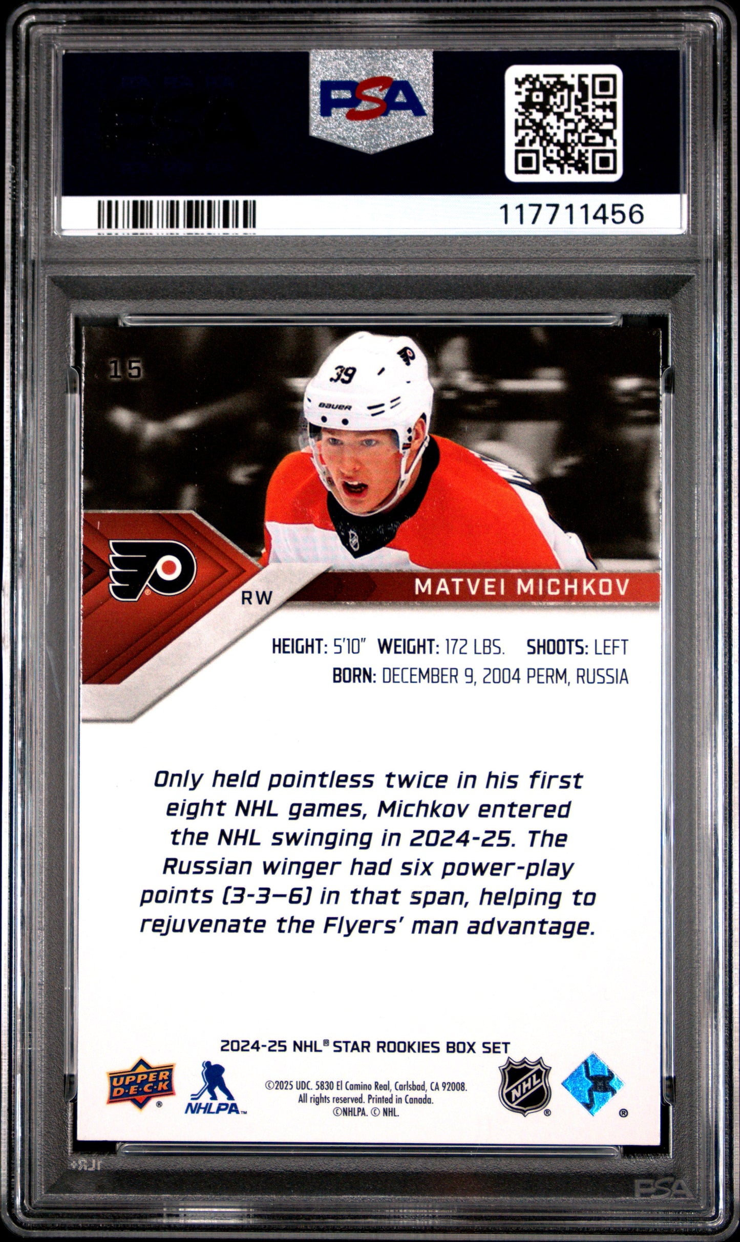 Graded 2024 Upper Deck Star Rookie Matvei Michkov #15 Box Set Rookie RC Hockey Card PSA 8 Near Mint