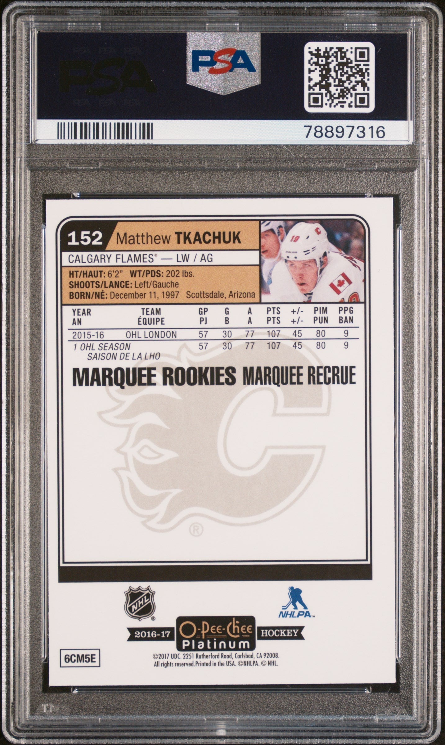 Graded 2016 UD O-Pee-Chee Platinum Matthew Tkachuk #152 Rookie RC Hockey Card PSA 10 Gem Mint