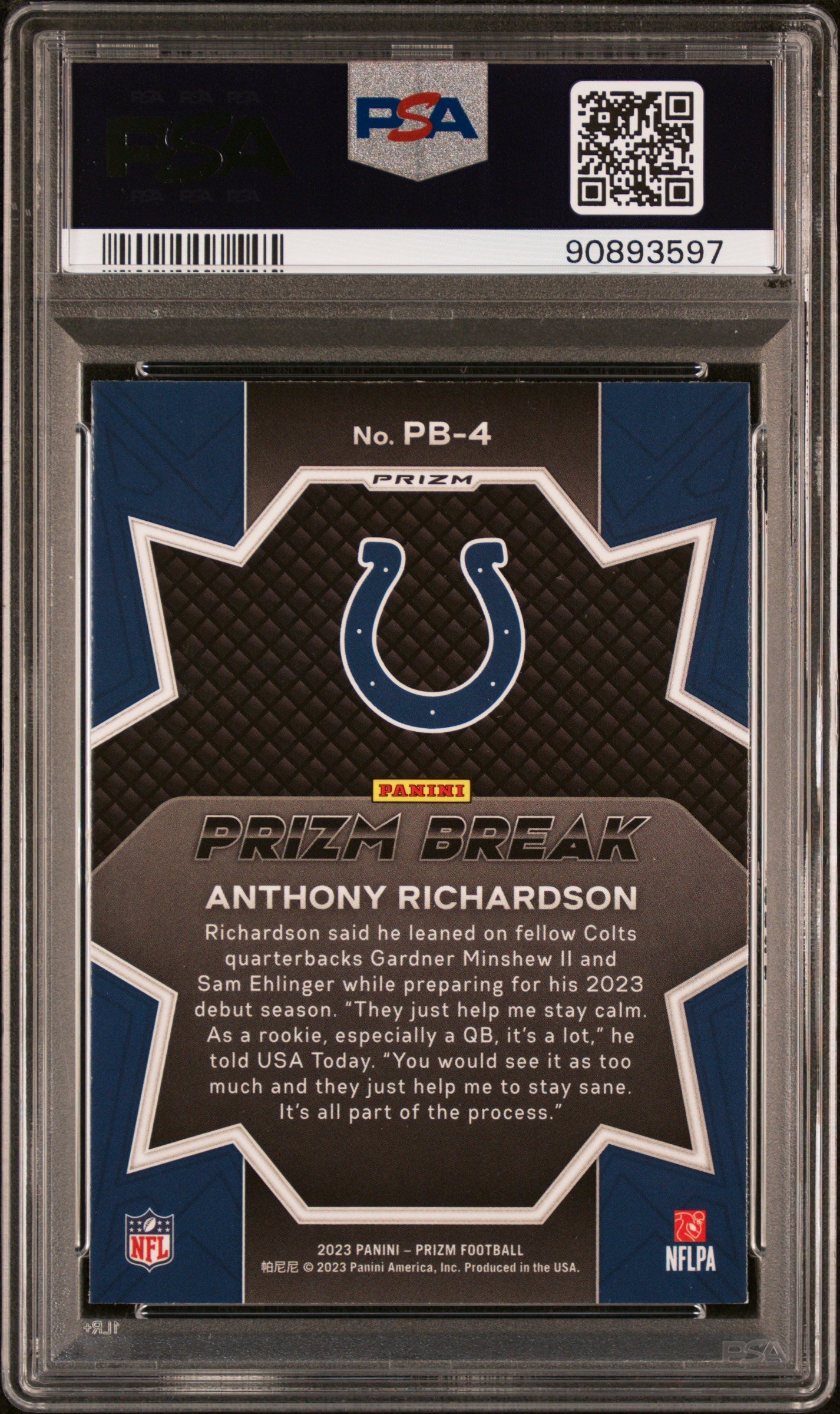Graded 2023 Panini Prizm Anthony Richardson #PB4 Prizm Break No Huddle Rookie RC Football Card PSA 10 Gem Mint
