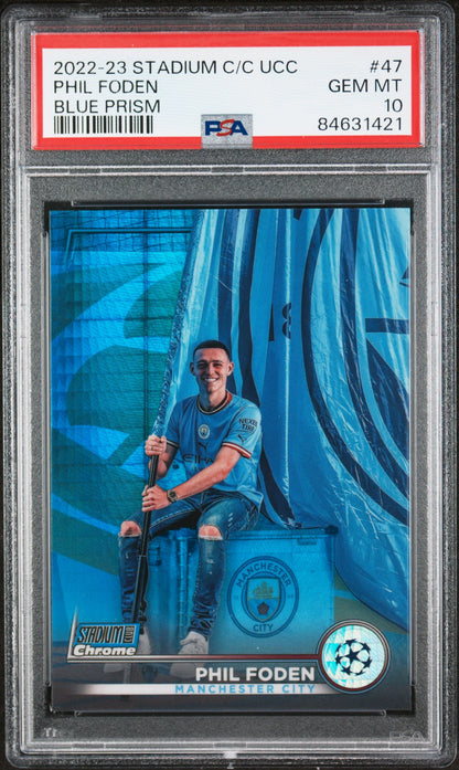 Graded 2022 Topps Stadium Chrome UCC Phil Foden #47 Blue Prism Soccer Card PSA 10 Gem Mint