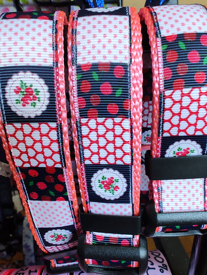 Patchwork Cherries Pink Nylon Dog Collar MD, LG, XL, Leash