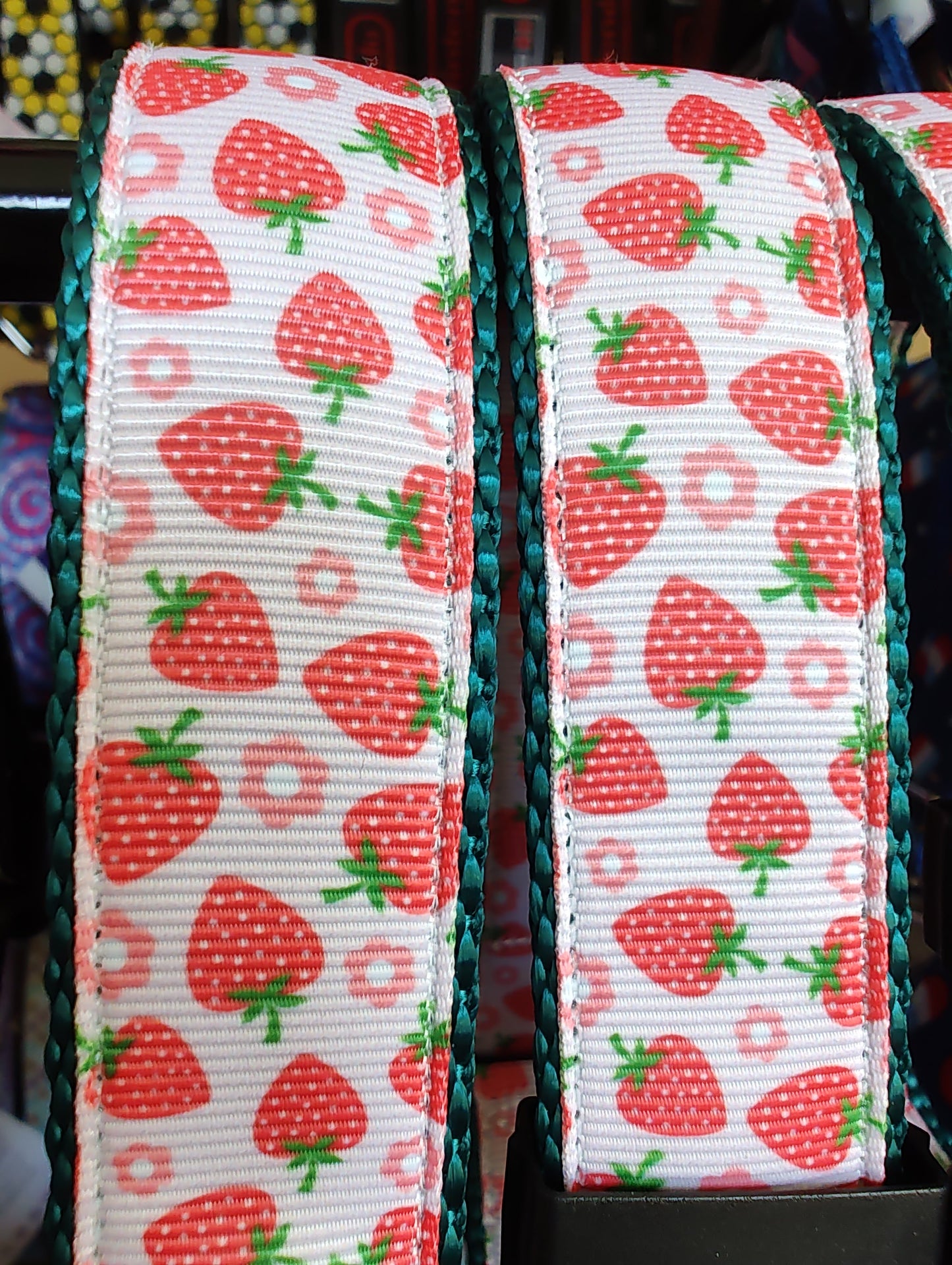 Strawberry Flowers Green Nylon Dog Collar MD, LG, XL, Leash