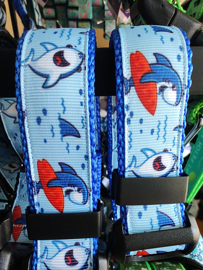 Surfer Sharks Blue Nylon Dog Collar MD, LG, XL, Leash