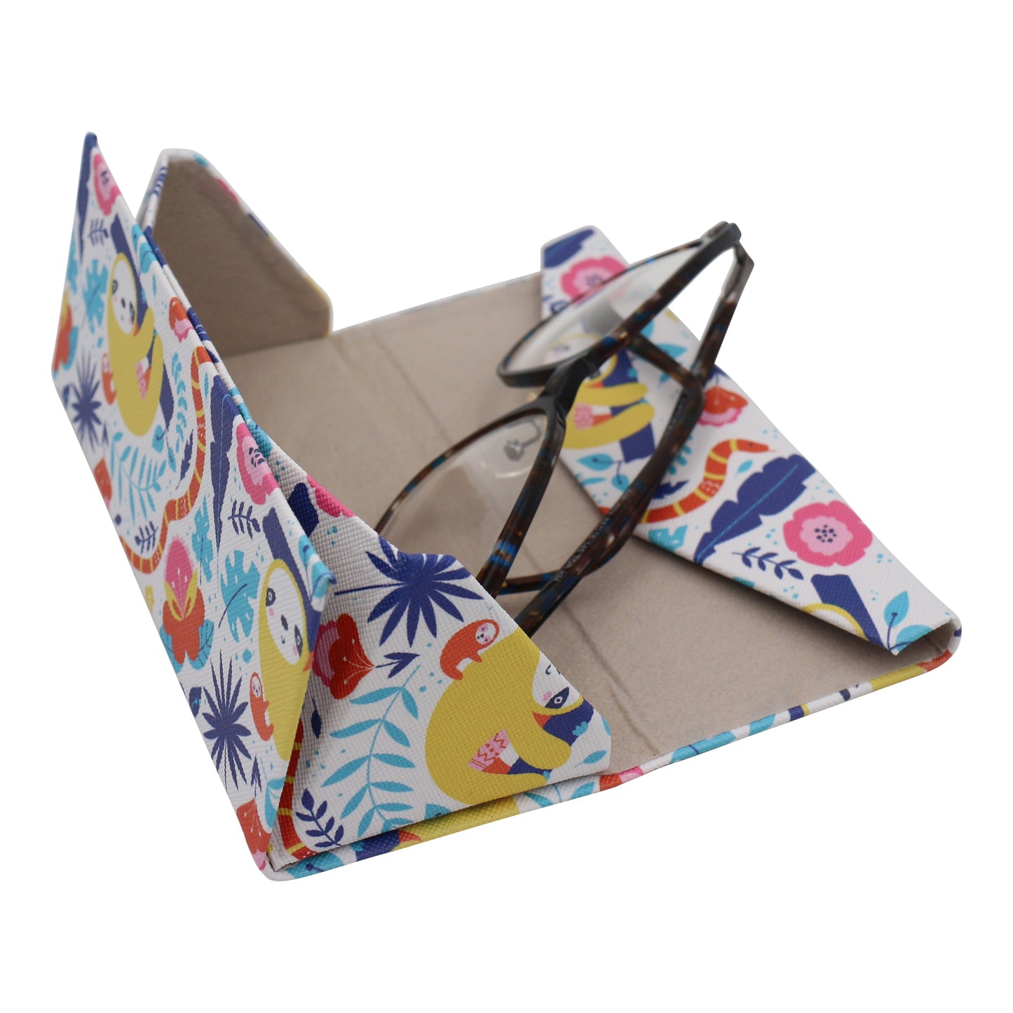 Jungle Sloth Print Glasses Case - Vegan Leather Magic Folding Hardcase
