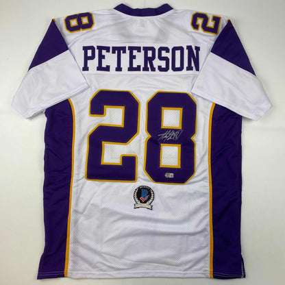Autographed/Signed Adrian Peterson Minnesota White Football Jersey Beckett BAS COA