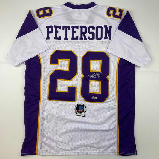 Autographed/Signed Adrian Peterson Minnesota White Football Jersey Beckett BAS COA