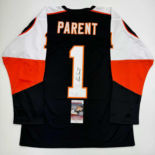 Autographed/Signed Bernie Parent Philadelphia Black Hockey Jersey JSA COA