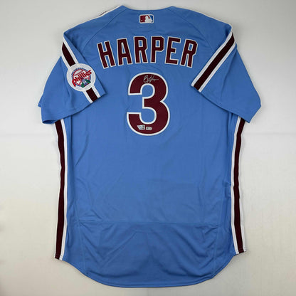 Autographed/Signed Bryce Harper Philadelphia Phillies Retro Blue Authentic Baseball Jersey Fanatics & MLB COA