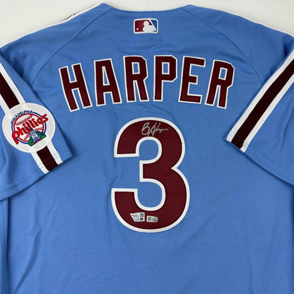 Autographed/Signed Bryce Harper Philadelphia Phillies Retro Blue Authentic Baseball Jersey Fanatics & MLB COA