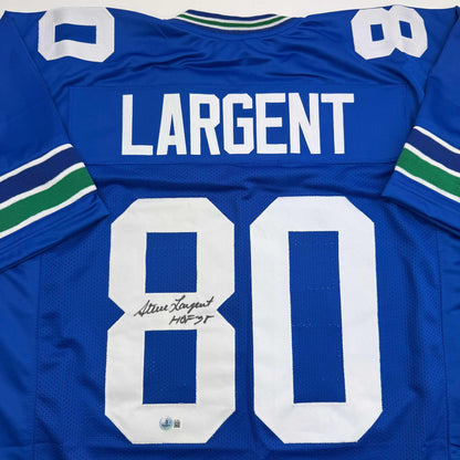 Autographed/Signed Steve Largent HOF 95 Seattle Blue Football Jersey Beckett BAS COA - Triathlete Store