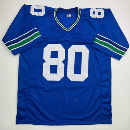 Autographed/Signed Steve Largent HOF 95 Seattle Blue Football Jersey Beckett BAS COA - Triathlete Store