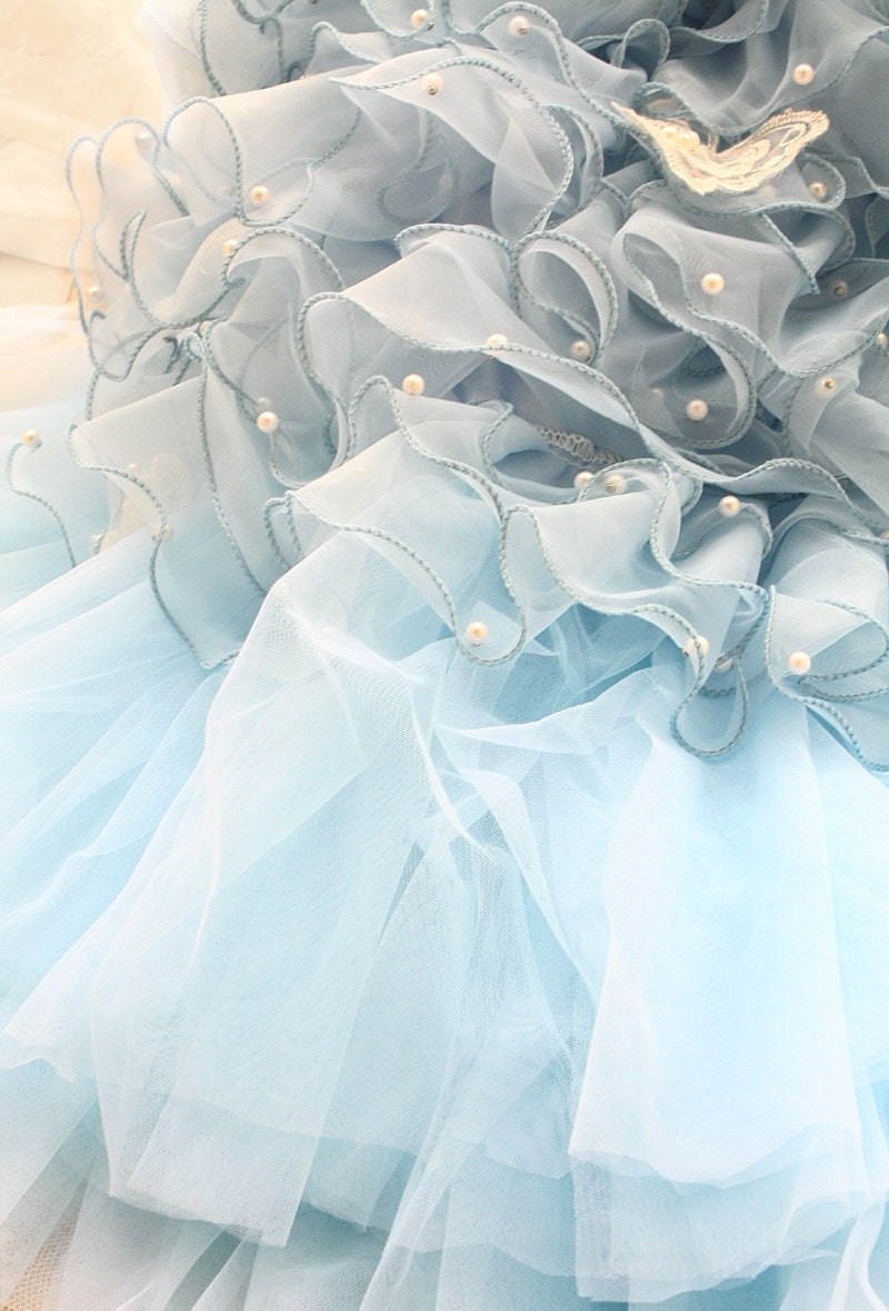 Handmade Sky Butterfly Princess Dog Dress – Luxury Blue Ruffle Ball Gown with Pearl Details