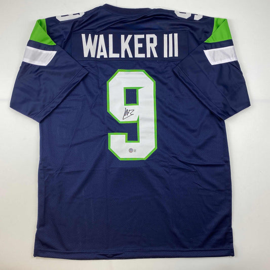 Autographed/Signed Kenneth Walker Seattle Blue Football Jersey Beckett BAS COA #2
