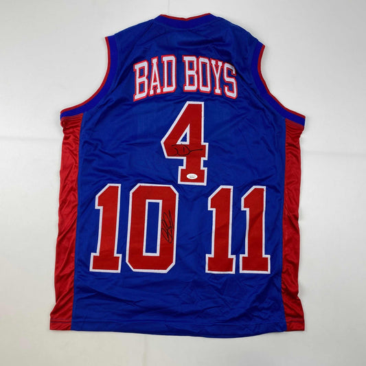 Autographed/Signed Joe Dumars & Dennis Rodman Detroit Bad Boys Blue Basketball Jersey JSA COA