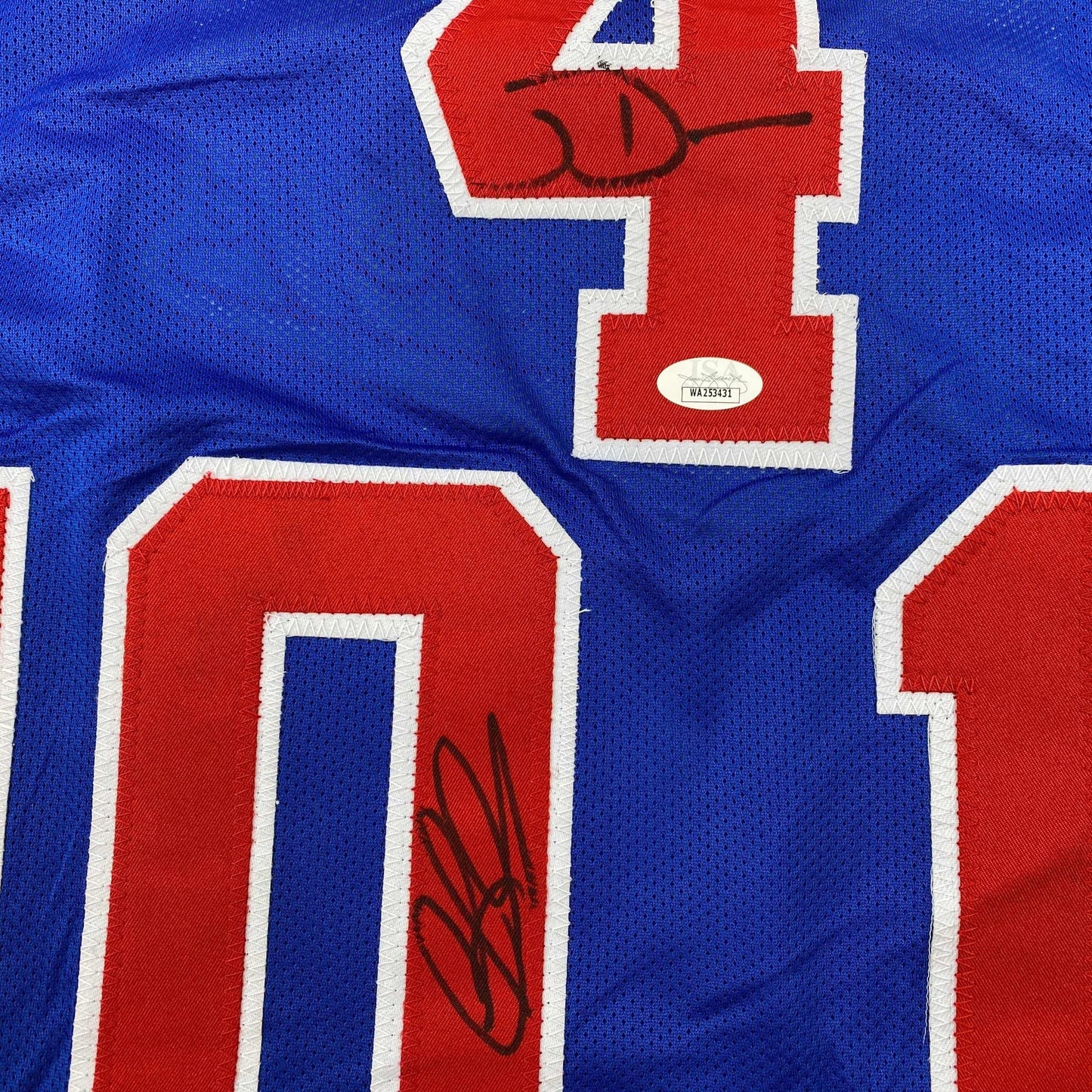 Autographed/Signed Joe Dumars & Dennis Rodman Detroit Bad Boys Blue Basketball Jersey JSA COA