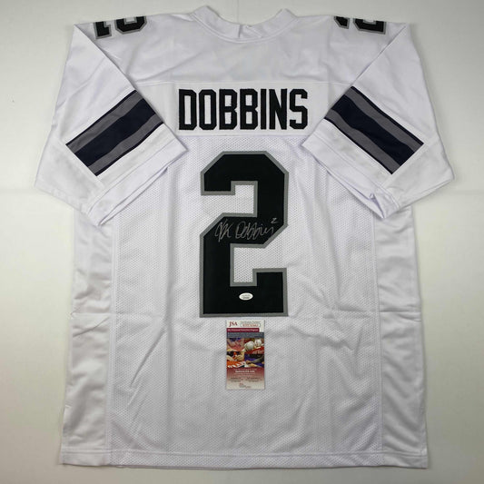 Autographed/Signed JK J.K. Dobbins Ohio State White Alternate College Football Jersey JSA COA