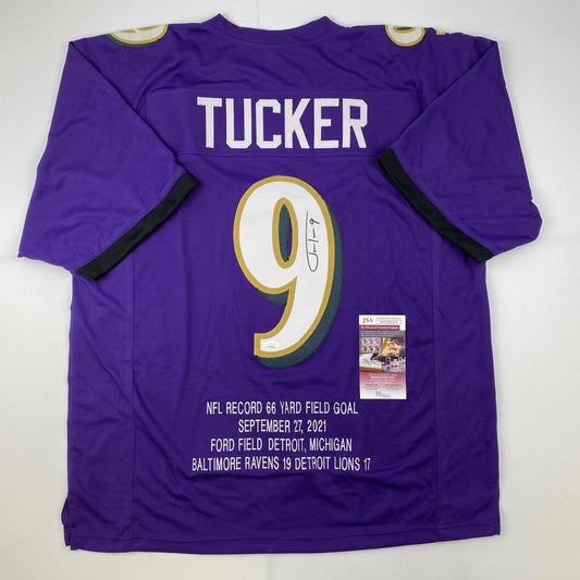 Autographed/Signed Justin Tucker 66 Yard GW FG Stat Baltimore Purple Football Jersey JSA COA