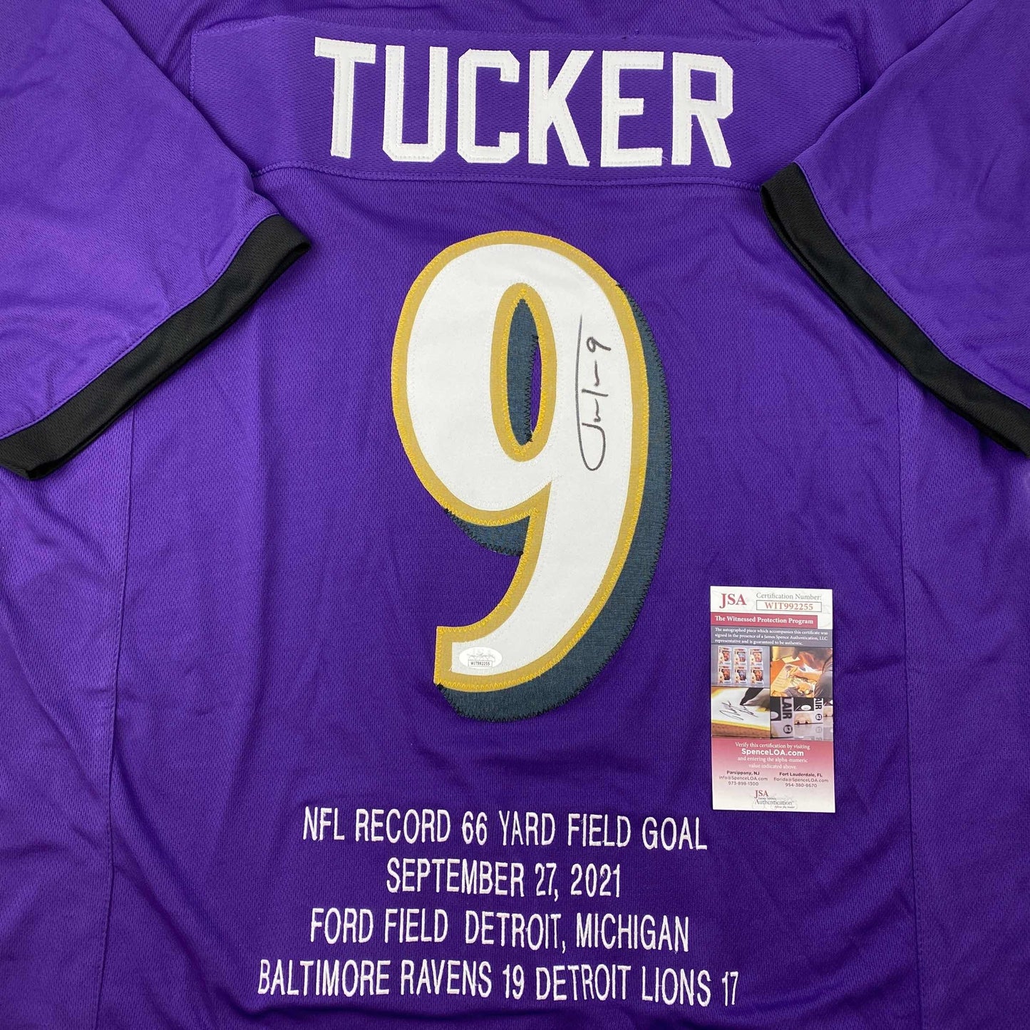 Autographed/Signed Justin Tucker 66 Yard GW FG Stat Baltimore Purple Football Jersey JSA COA