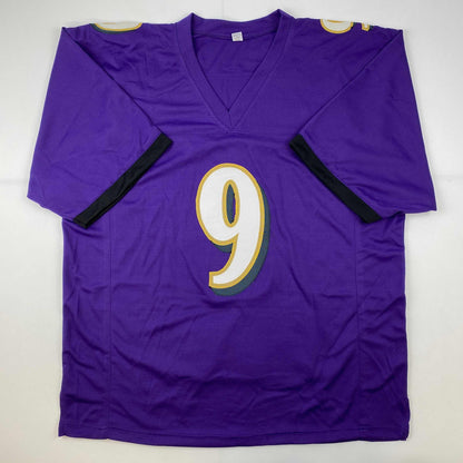 Autographed/Signed Justin Tucker 66 Yard GW FG Stat Baltimore Purple Football Jersey JSA COA