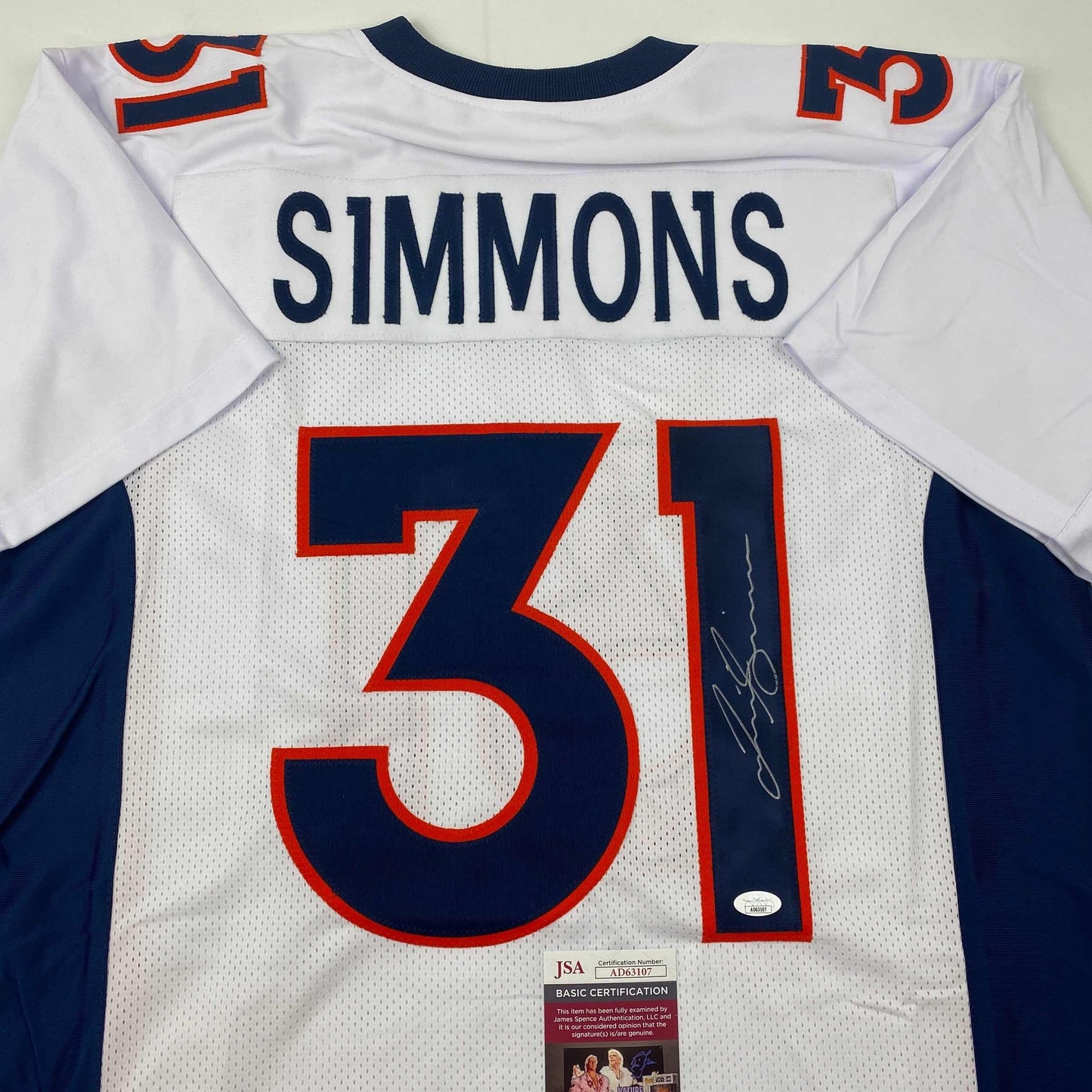 Autographed/Signed Justin Simmons Denver White Football Jersey JSA COA