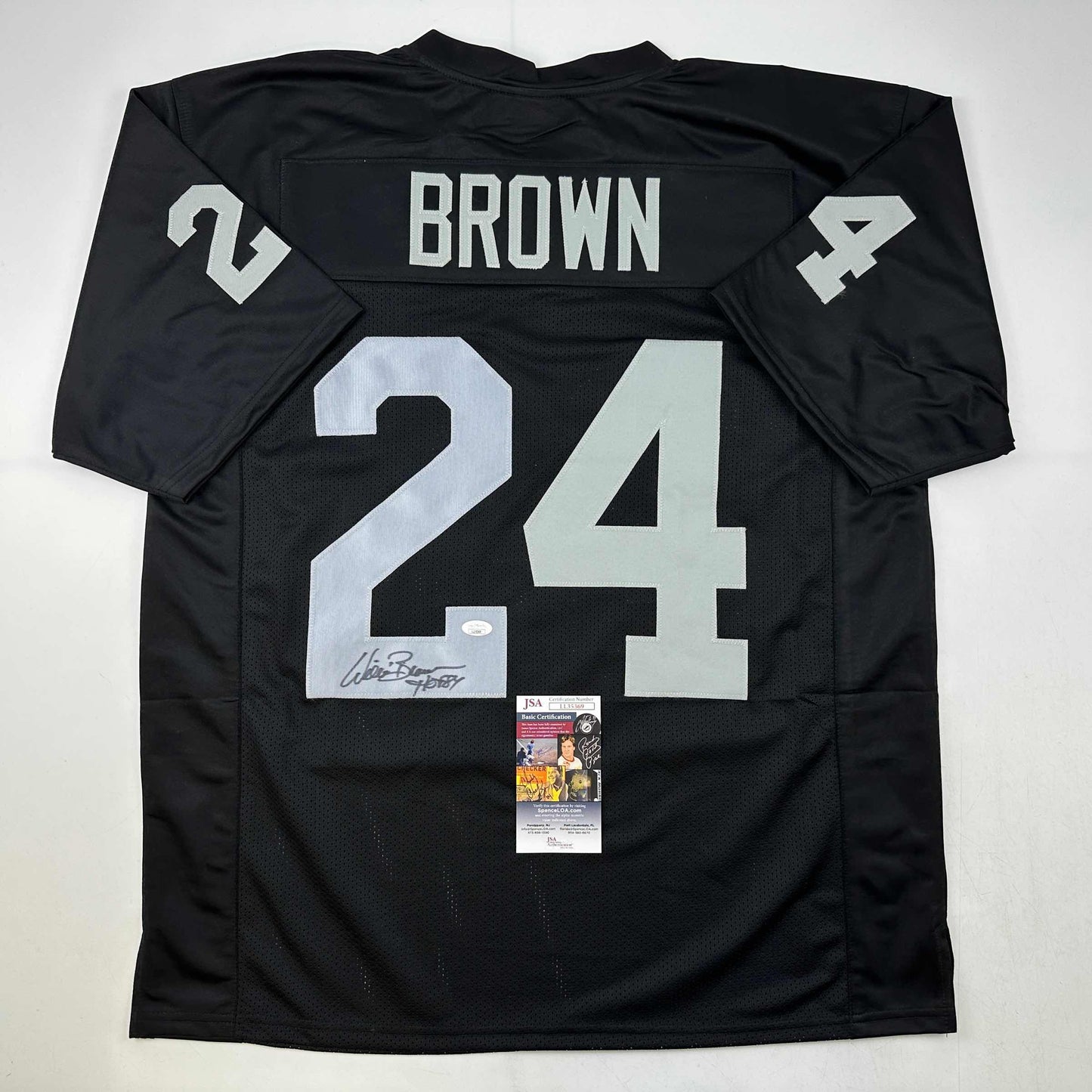 Autographed/Signed Willie Brown HOF 84  Las Vegas Oakland Black Football Jersey JSA COA