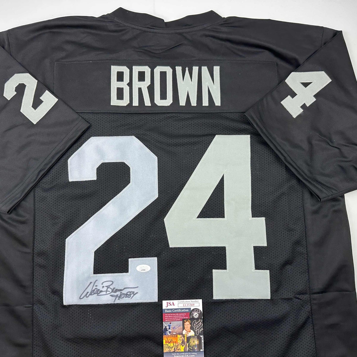 Autographed/Signed Willie Brown HOF 84  Las Vegas Oakland Black Football Jersey JSA COA