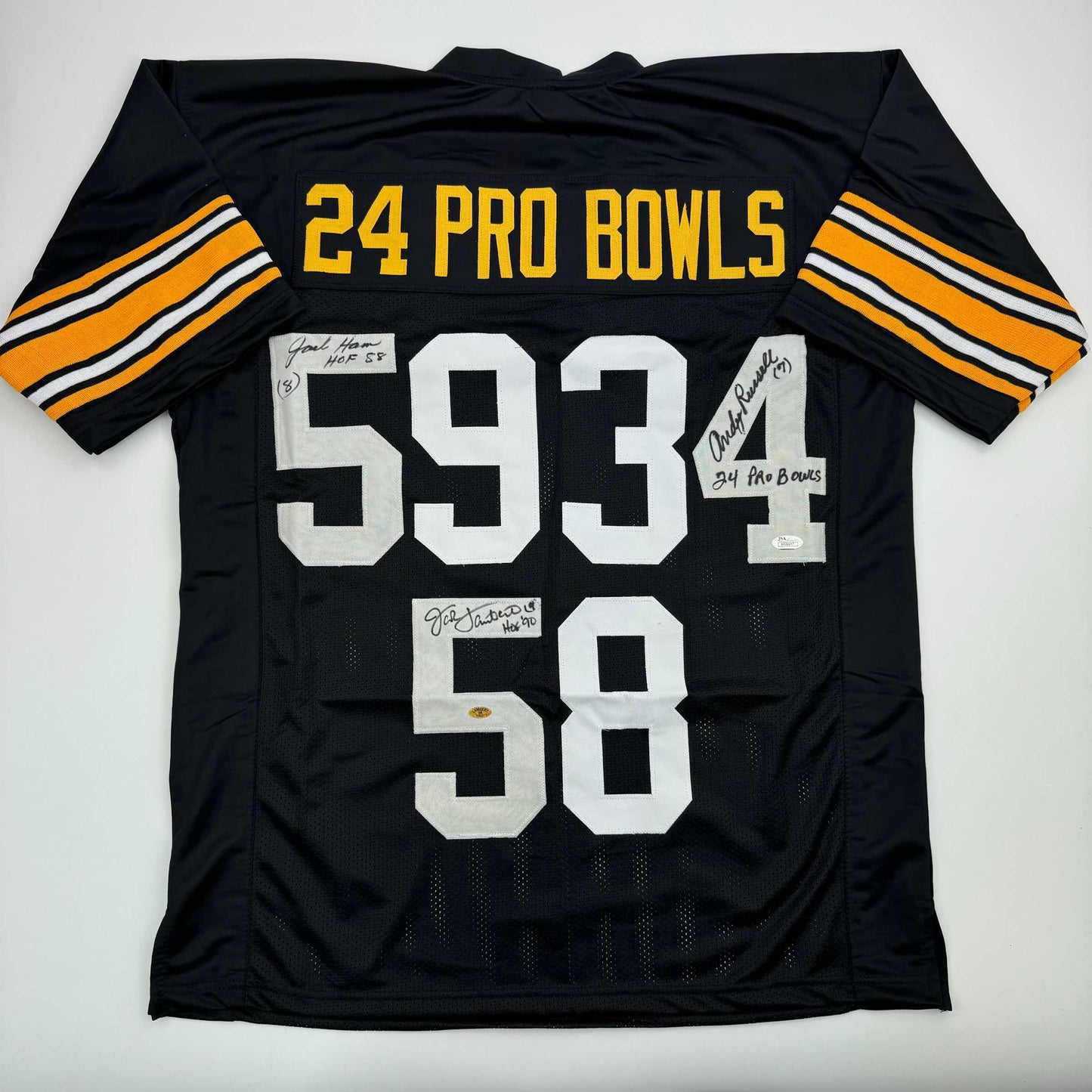 Autographed/Signed Jack Ham, Jack Lambert, and Andy Russell Inscribed "24 Pro Bowls", "HOF 88" & "HOF 90" Pittsburgh Black Football Jersey JSA COA